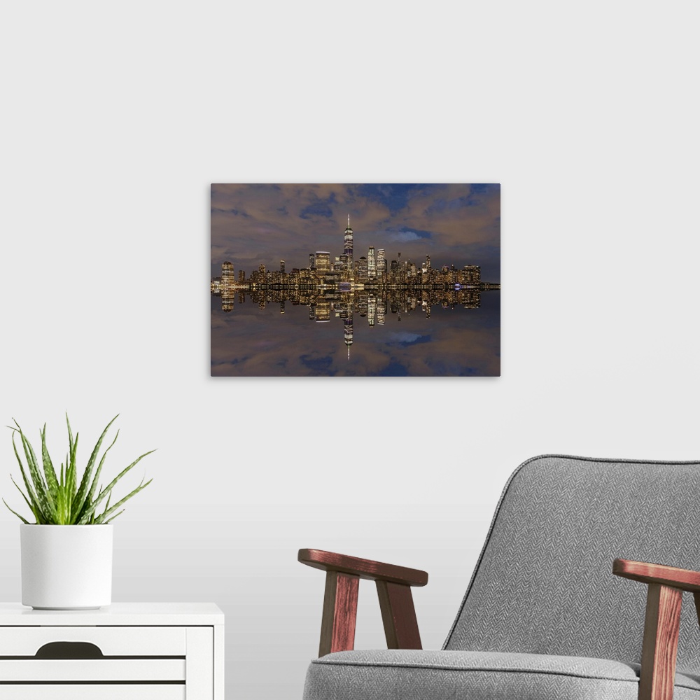 A modern room featuring View from Jersey City of Lower Manhattan with the One World Trade Center, New York City, New York...
