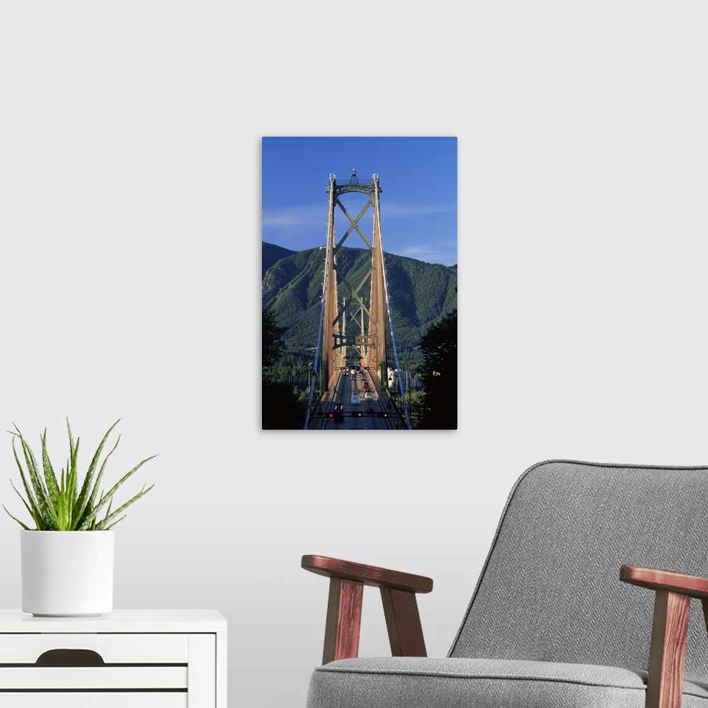 A modern room featuring View northwards over the Lions Gate Bridge, Vancouver, British Columbia, Canada