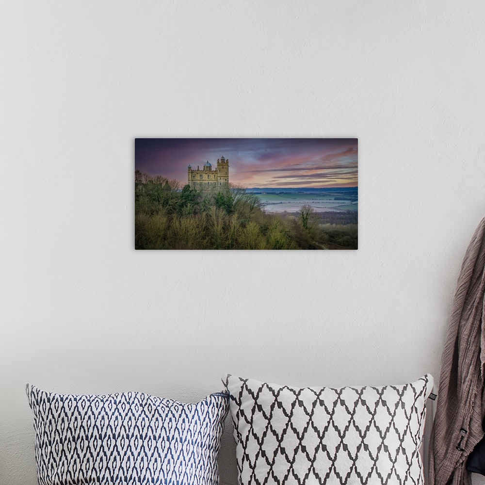A bohemian room featuring View of Bolsover Castle and morning red sky, Bolsover, Derbyshire, England, United Kingdom, Europe