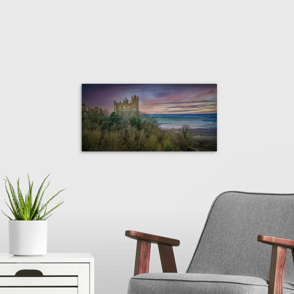 A modern room featuring View of Bolsover Castle and morning red sky, Bolsover, Derbyshire, England, United Kingdom, Europe