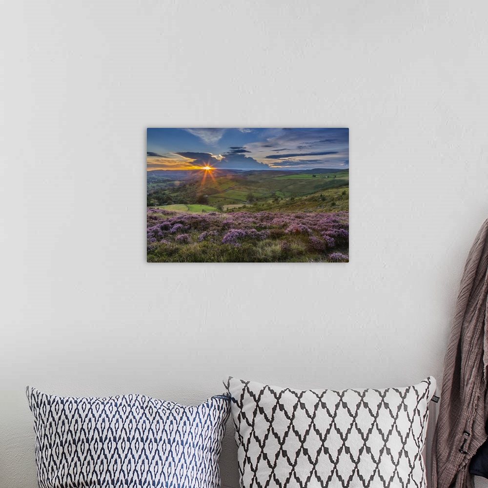A bohemian room featuring View of flowering heather on Stanage Edge and Hope Valley at sunset, Hathersage, Peak District Na...