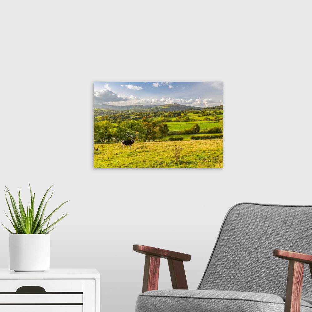 A modern room featuring View of Hope Valley and countryside autumnal colours, Derbyshire Peak District, Derbyshire, Engla...