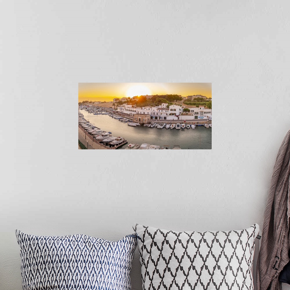 A bohemian room featuring View of marina at sunset from elevated position, Ciutadella, Menorca, Balearic Islands, Spain, Me...