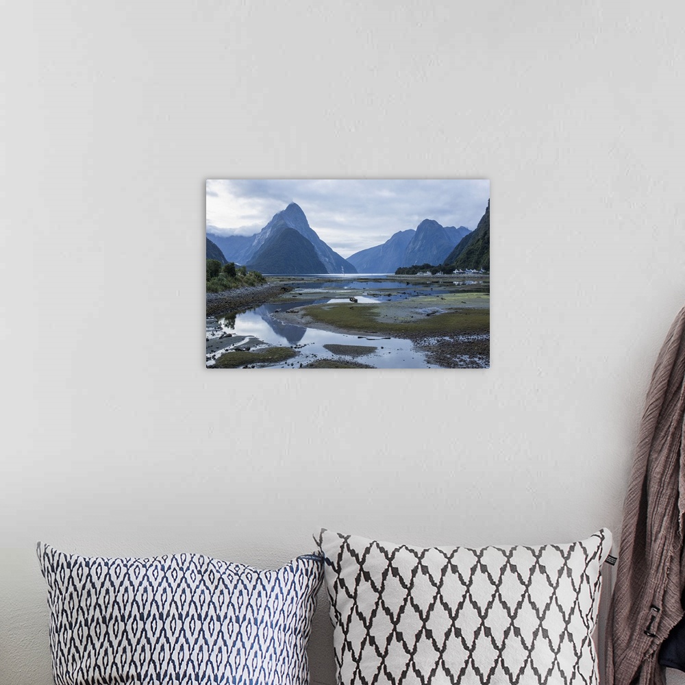 A bohemian room featuring View of Milford Sound at low tide, Mitre Peak reflected in pool, Milford Sound, Fiordland Nationa...