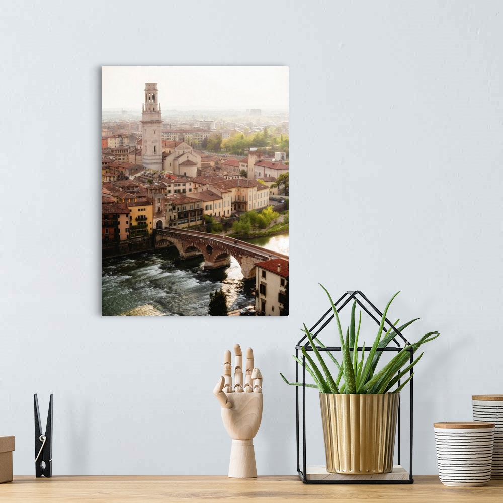 A bohemian room featuring View of Ponte Pietra from Castel San Pietro, Verona, Veneto, Italy, Europe