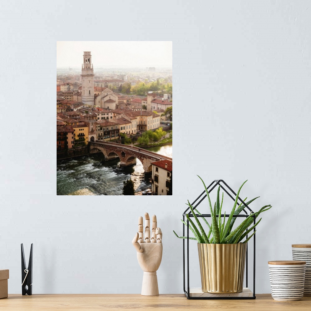 A bohemian room featuring View of Ponte Pietra from Castel San Pietro, Verona, Veneto, Italy, Europe