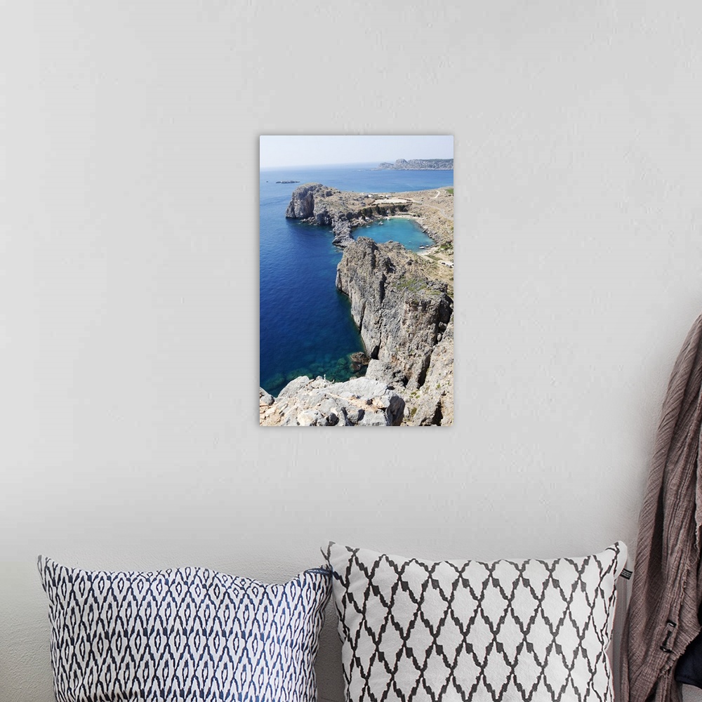 A bohemian room featuring View of the St. Paul Bay from the Acropolis of Lindos, Rhodes, Dodecanese, Greece