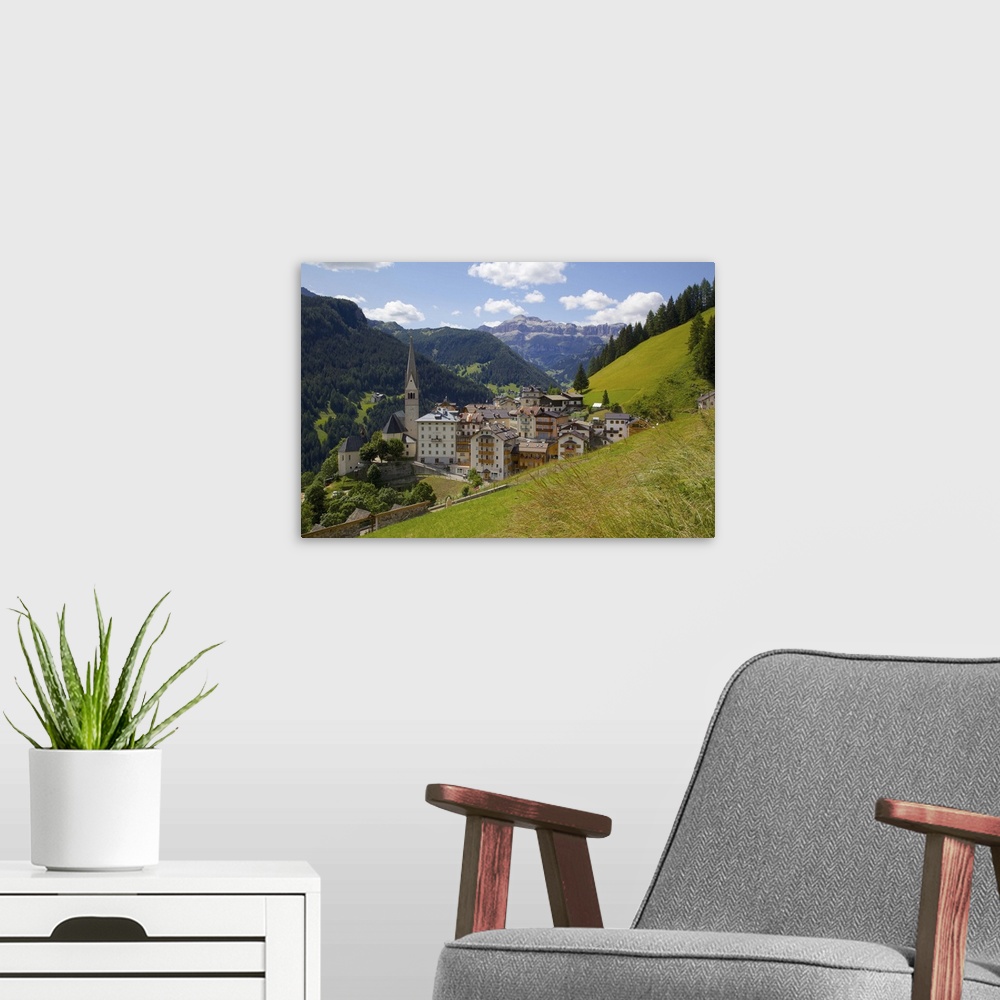 A modern room featuring View of village and church, La Plie Pieve, Belluno Province, Dolomites, Italy