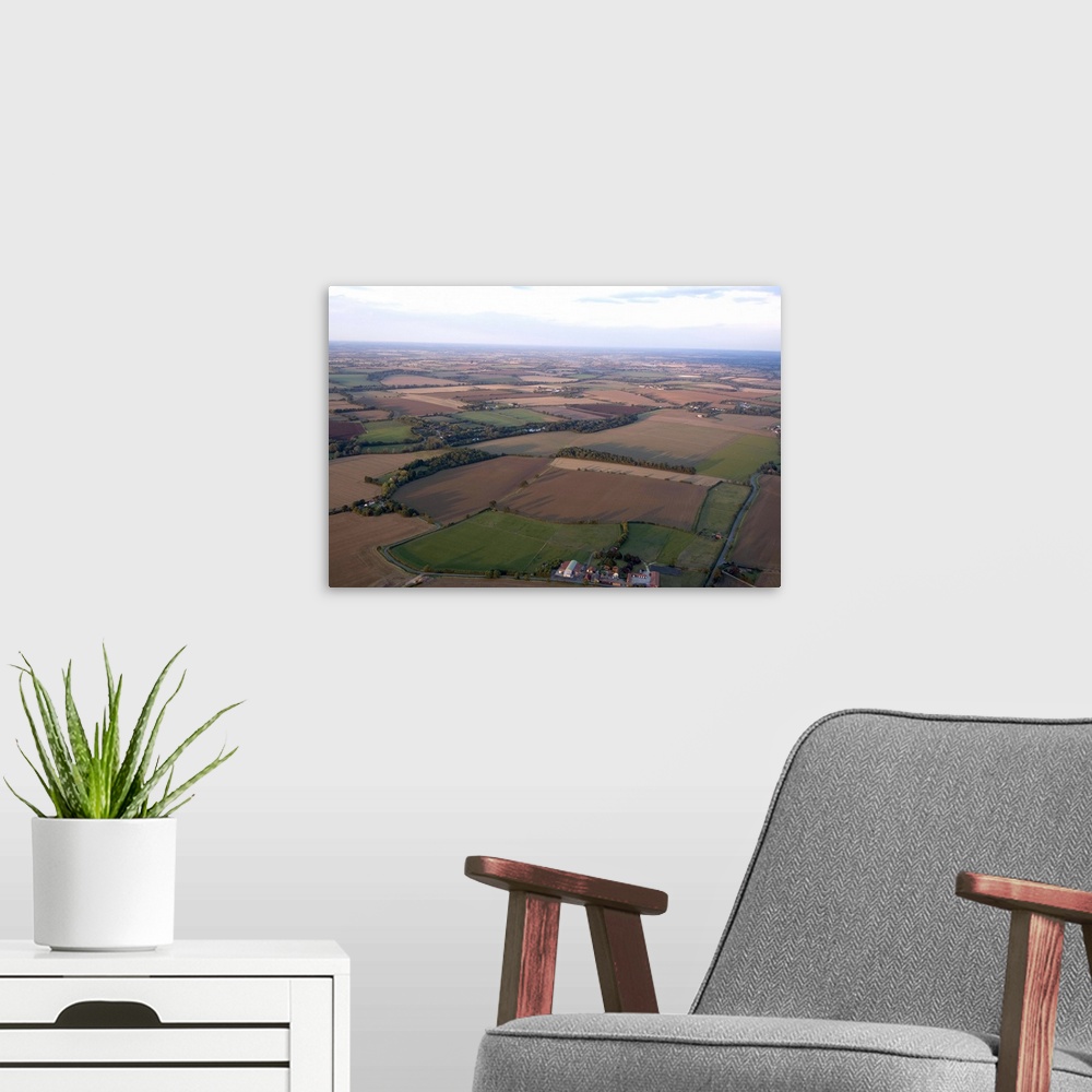 A modern room featuring View over Essex farmland from a hot air balloon, Essex, England, United Kingdom, Europe