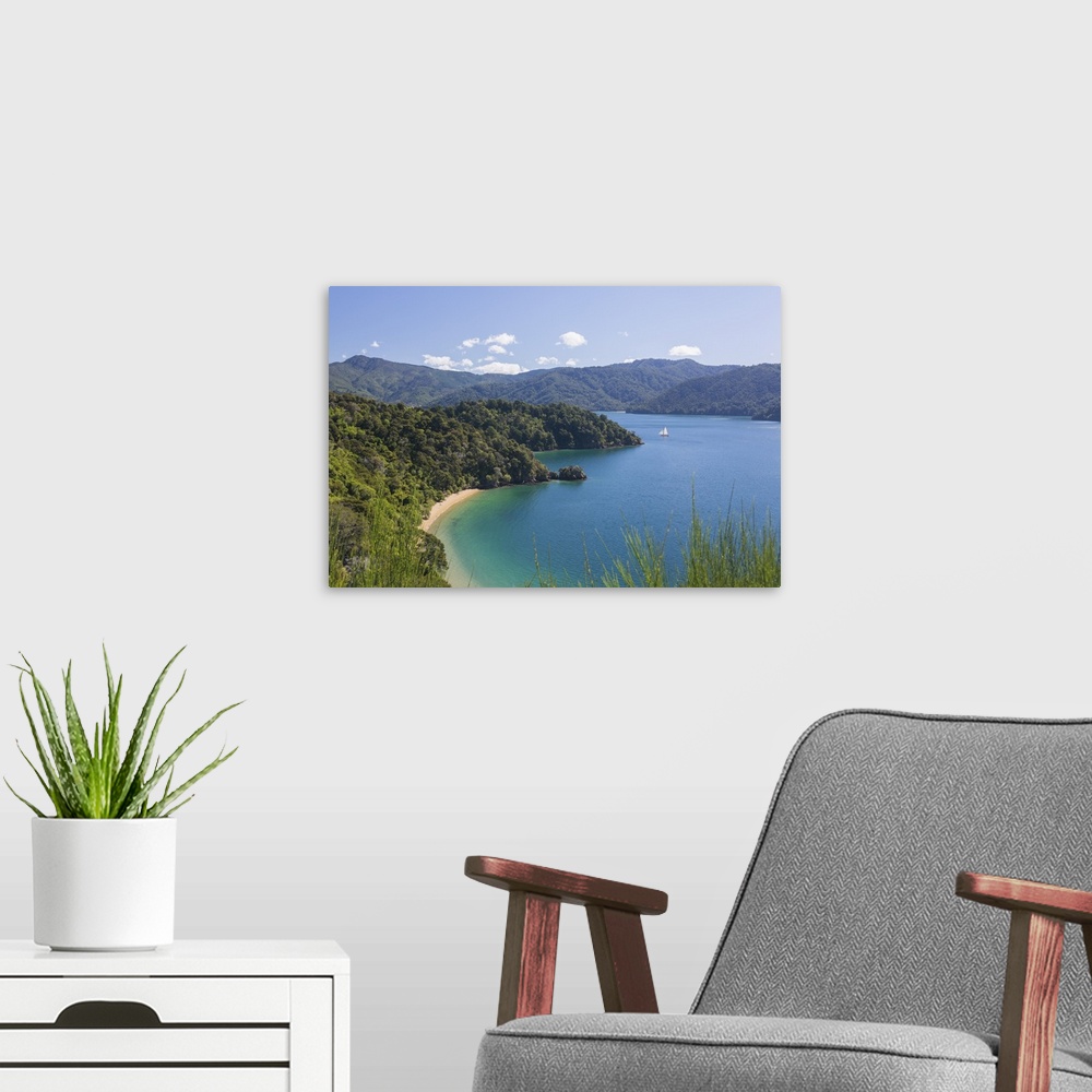 A modern room featuring View over Governors Bay and Grove Arm, Queen Charlotte Sound (Marlborough Sounds), near Picton, M...