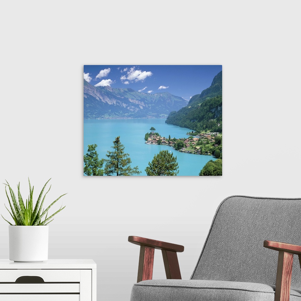 A modern room featuring View over Lake Brienz to Iseltwald, Switzerland