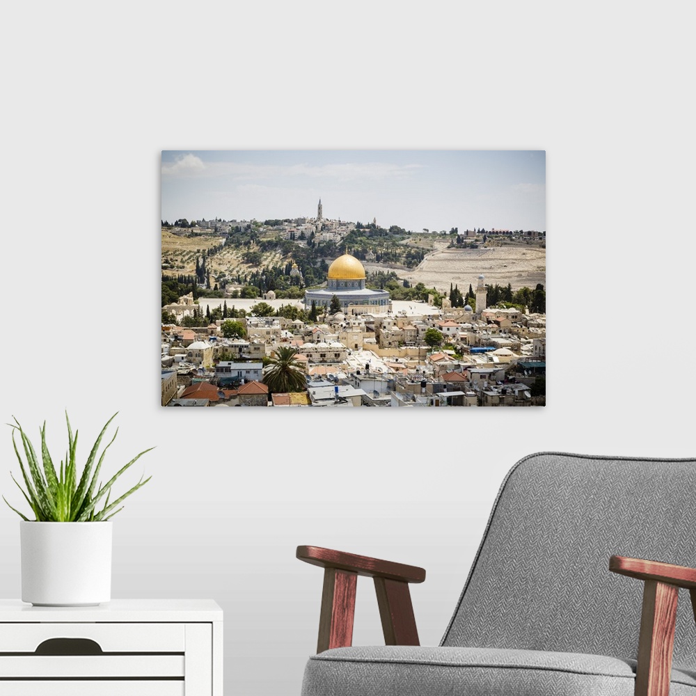A modern room featuring View over the Old City with the Dome of the Rock, UNESCO World Heritage Site, Jerusalem, Israel, ...