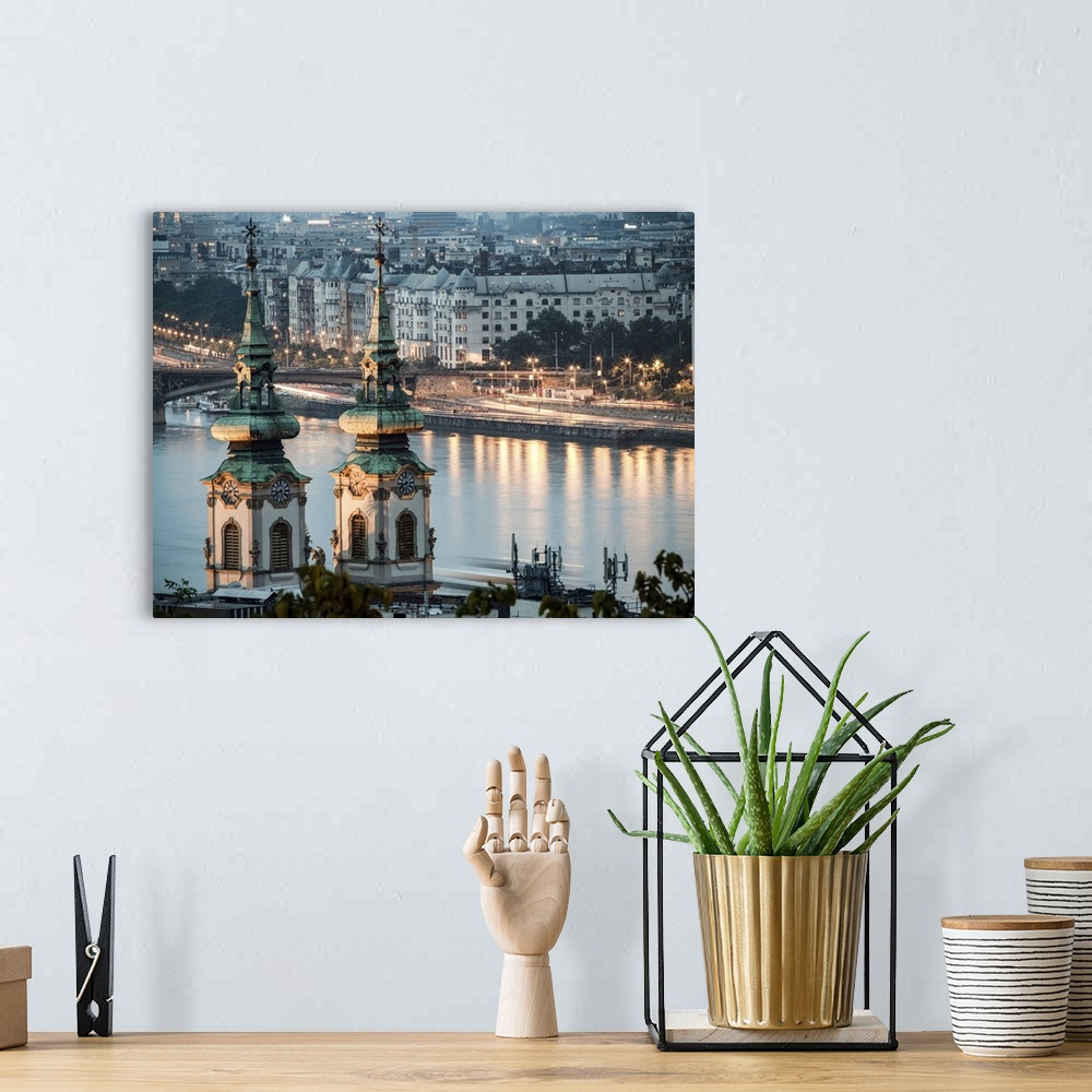 A bohemian room featuring View over the River Danube at night in Budapest, Hungary, Europe