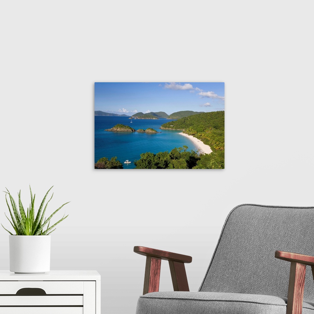 A modern room featuring View over the world famous beach at Trunk Bay, St. John, U.S. Virgin Islands
