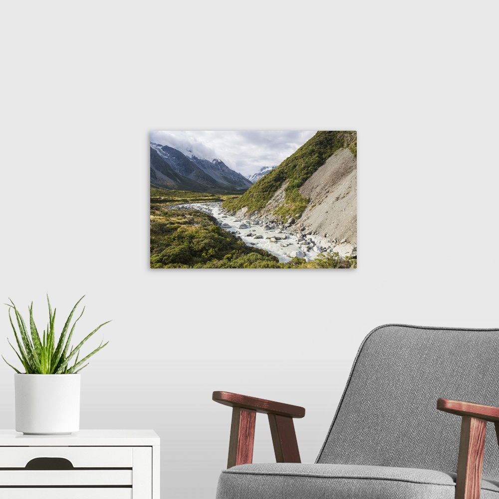 A modern room featuring View up the Hooker Valley, Aoraki (Mount Cook) National Park, UNESCO World Heritage Site, Mackenz...