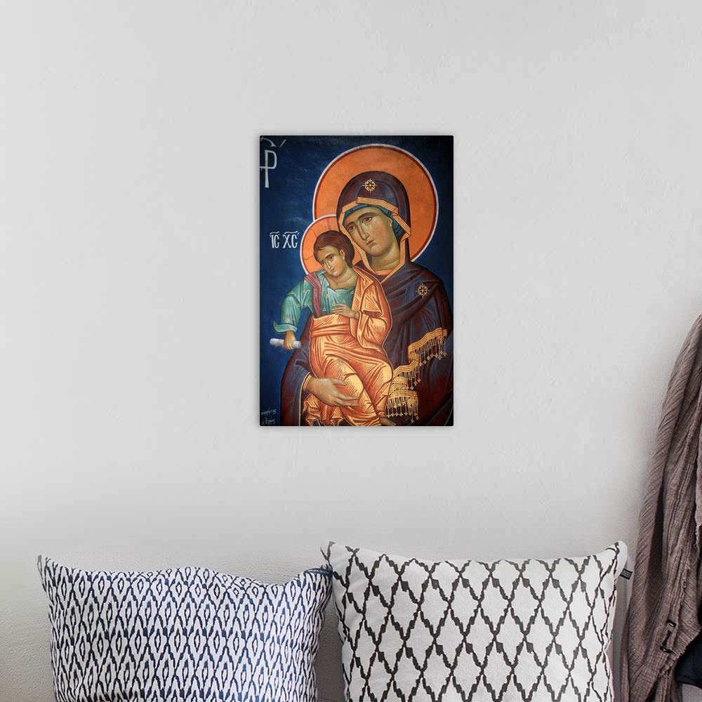 A bohemian room featuring Virgin and Child, Greek Orthodox icon, Thessaloniki, Macedonia, Greece