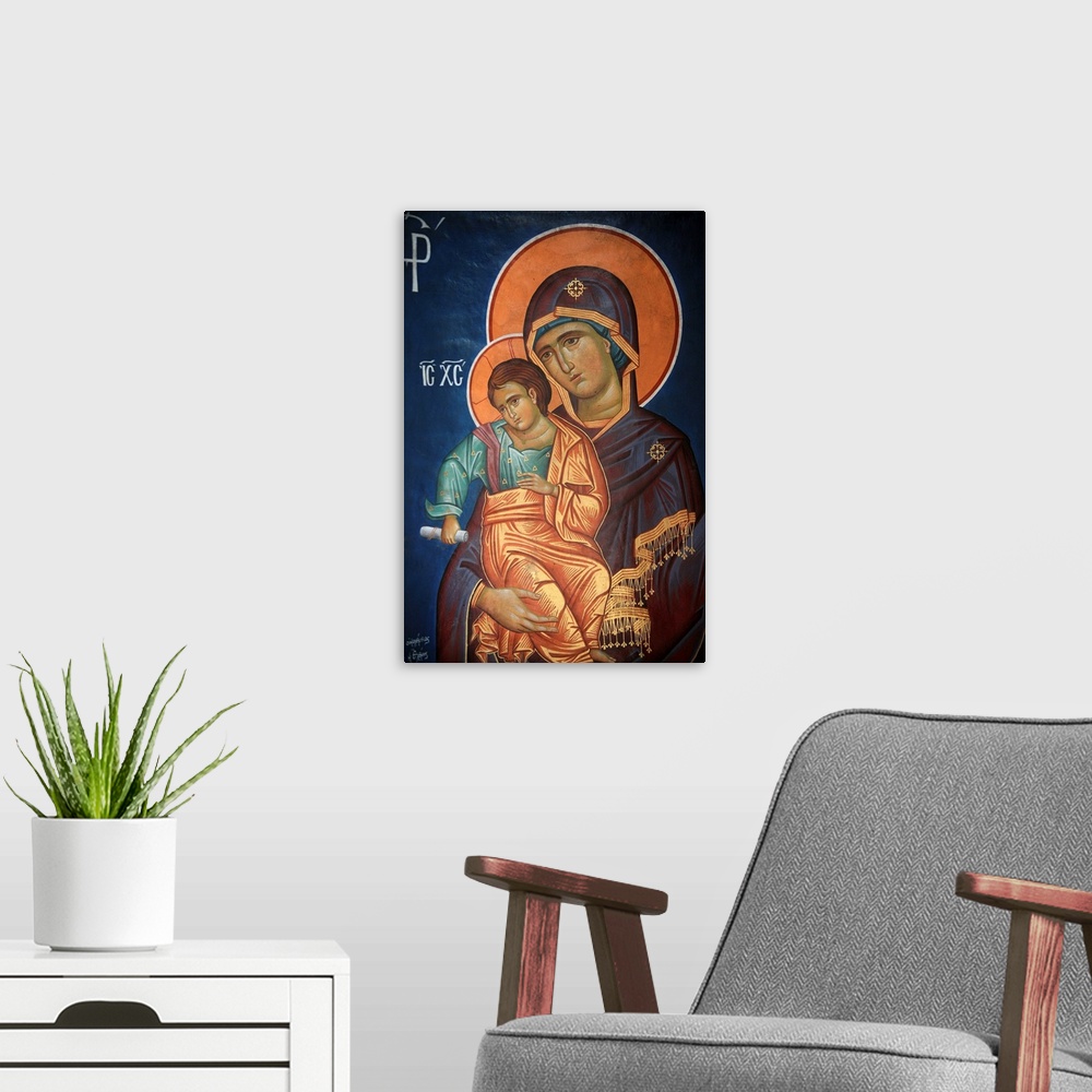 A modern room featuring Virgin and Child, Greek Orthodox icon, Thessaloniki, Macedonia, Greece