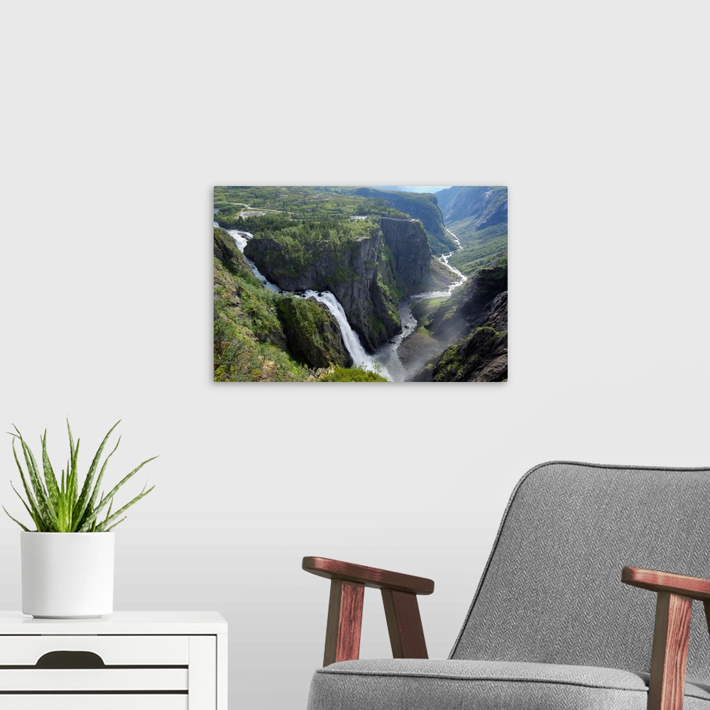 A modern room featuring Voringfoss waterfall, near Eidfjord, Hordaland, Norway, Scandinavia