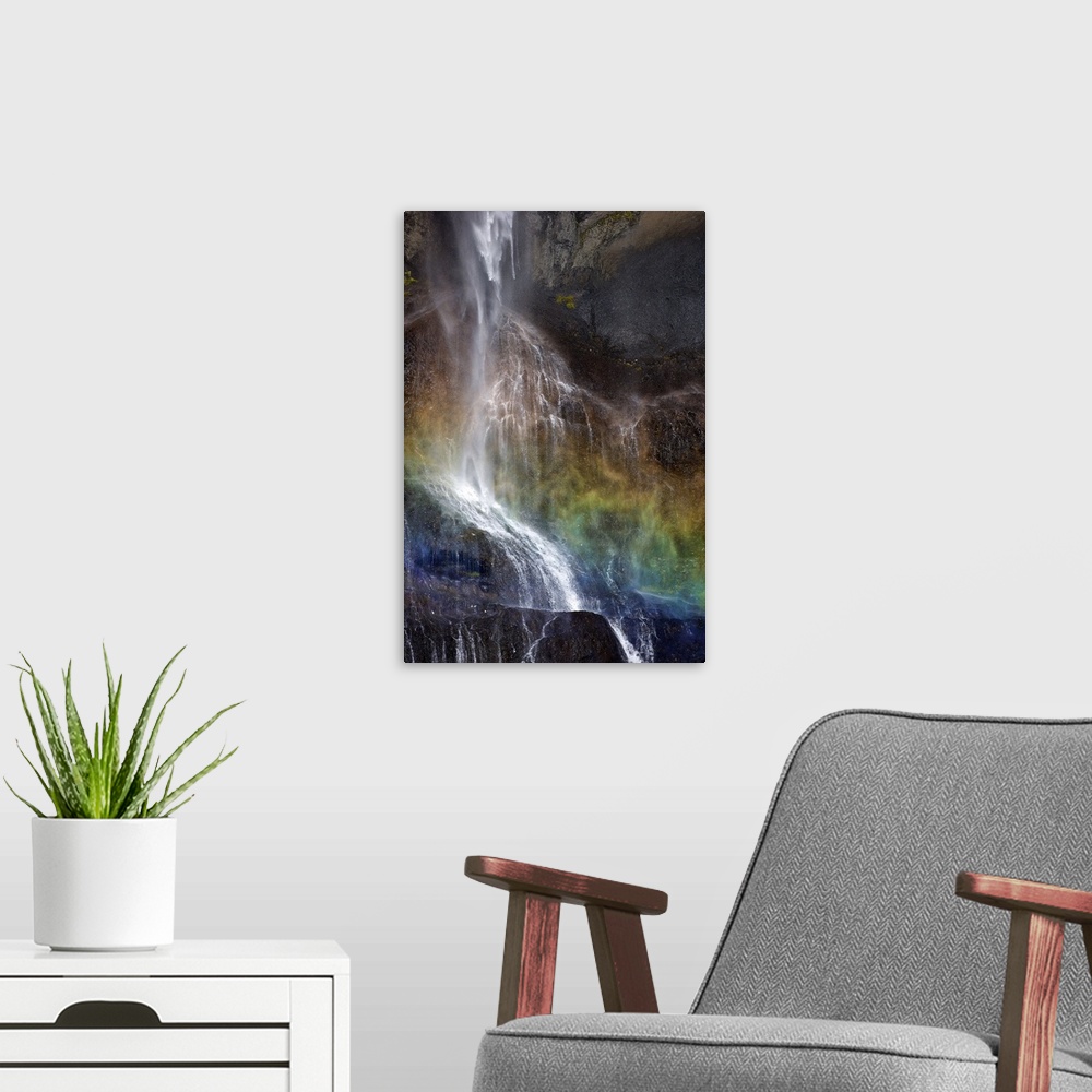 A modern room featuring Waterfall in summer sunshine at Foss a Sidu, South coast, Iceland, Polar Regions