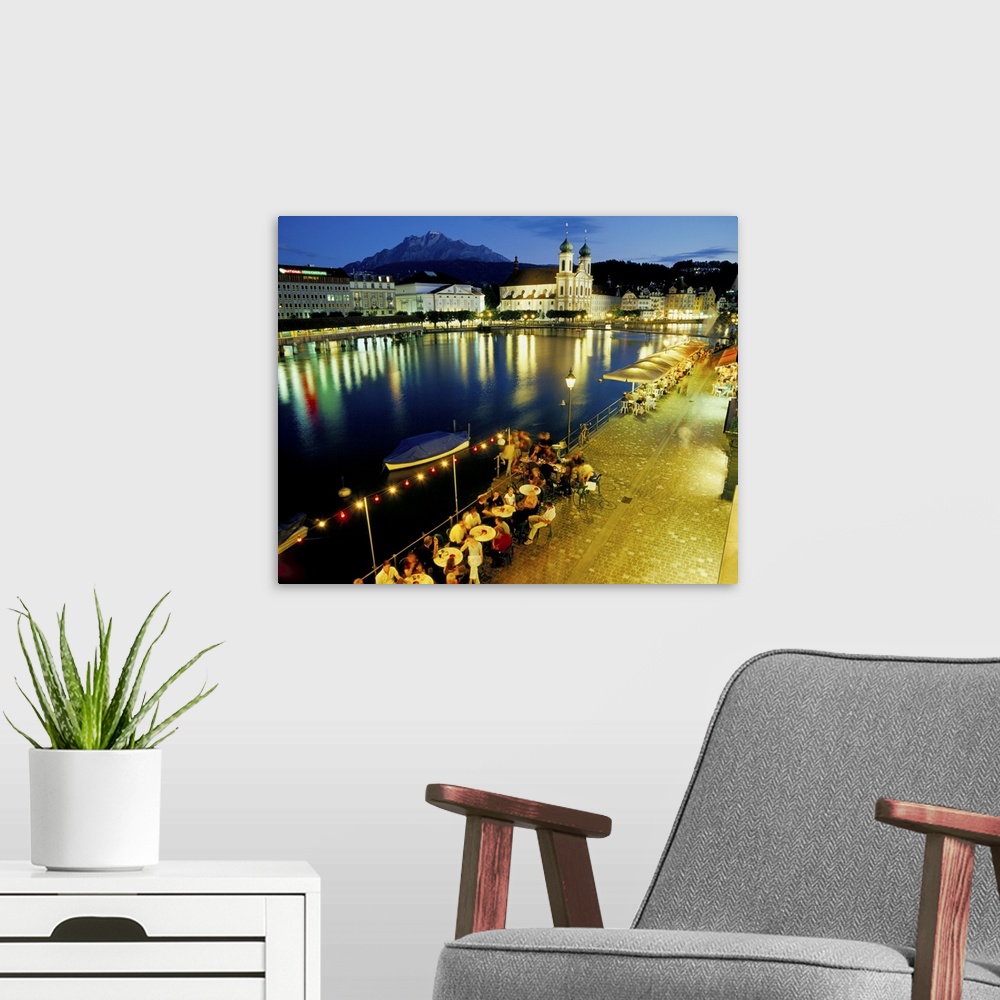 A modern room featuring Waterfront pavement cafes, Lucerne, Switzerland