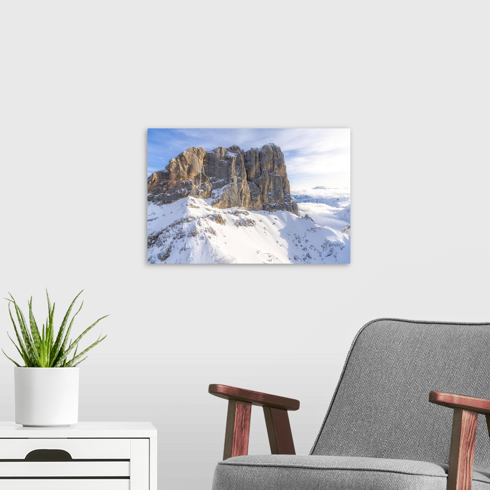 A modern room featuring Aerial view of west ridge and south face of Punta Penia in winter, Dolomites, Trentino-Alto Adige...