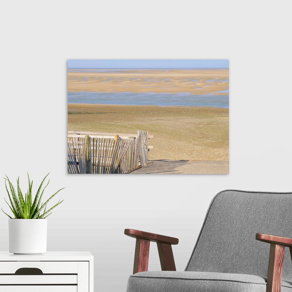 A modern room featuring West Sands at low tide from footpath, Wells-next-the-Sea, Norfolk, England