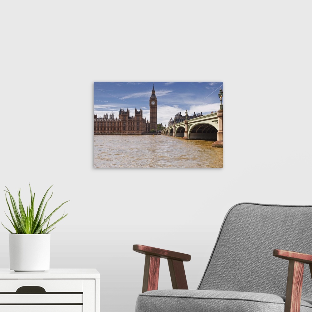 A modern room featuring Westminster Bridge and the Houses of Parliament, Westminster, London, England