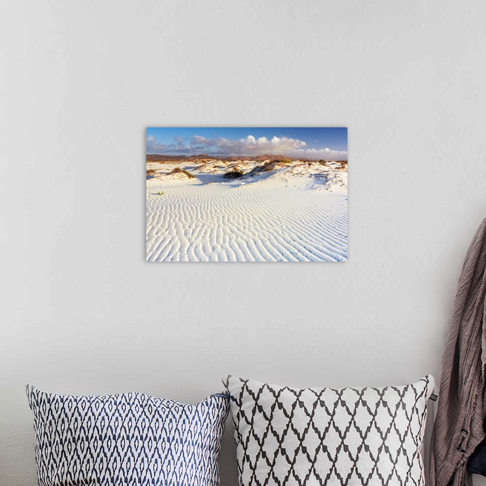 A bohemian room featuring White sand of desert dunes shaped by wind, El Cotillo, La Oliva, Fuerteventura, Canary Islands, S...