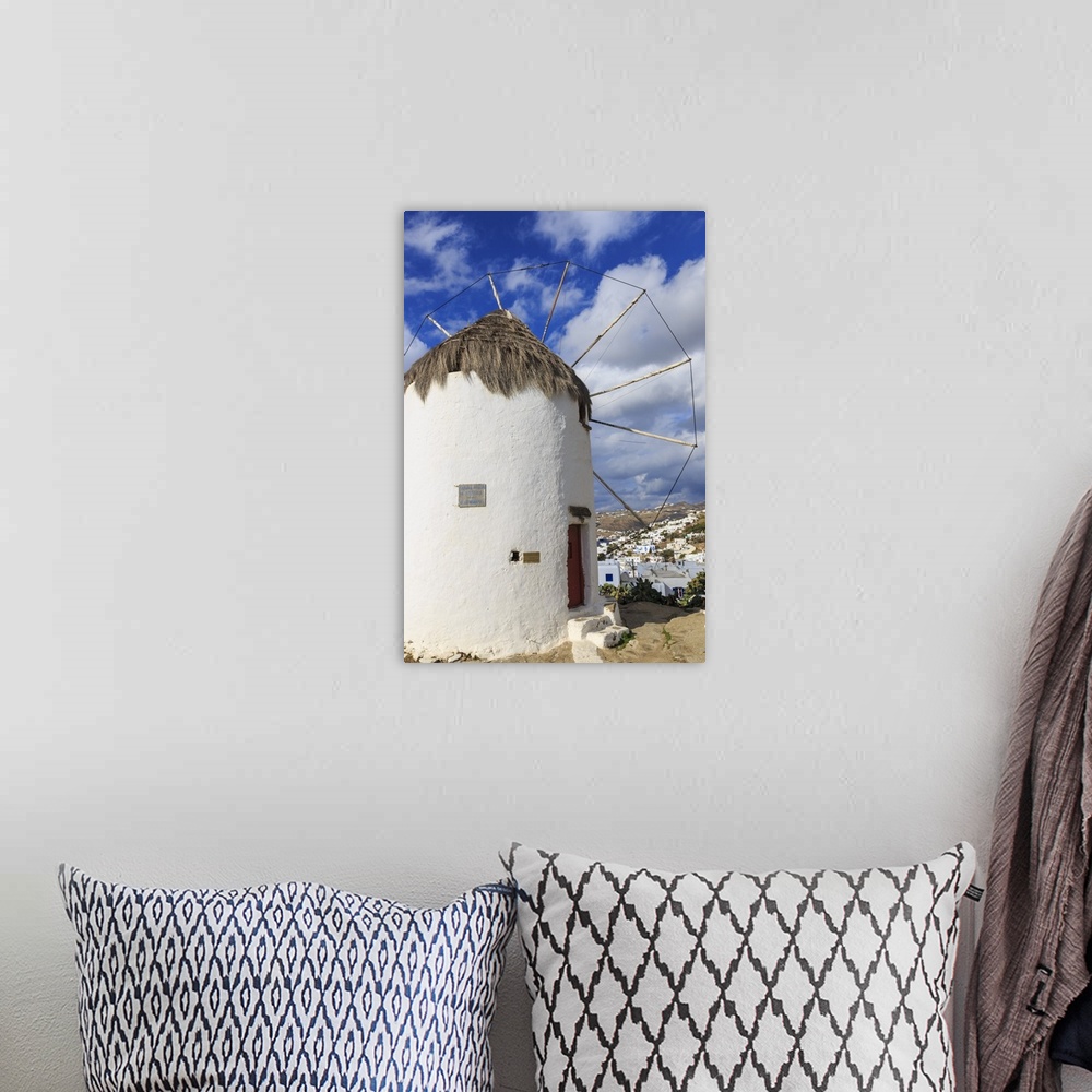 A bohemian room featuring Whitewashed windmill and houses, Mykonos Town, Mykonos, Cyclades, Greek Islands, Greece