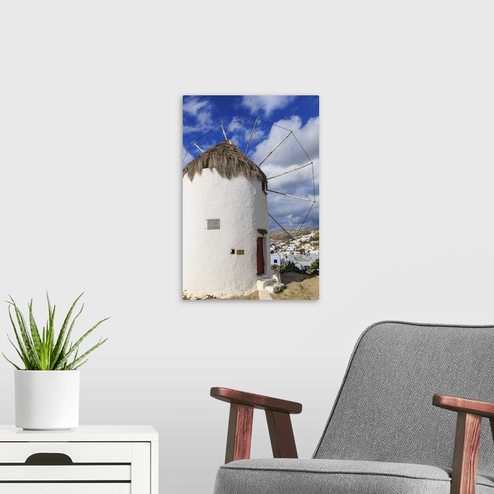 A modern room featuring Whitewashed windmill and houses, Mykonos Town, Mykonos, Cyclades, Greek Islands, Greece