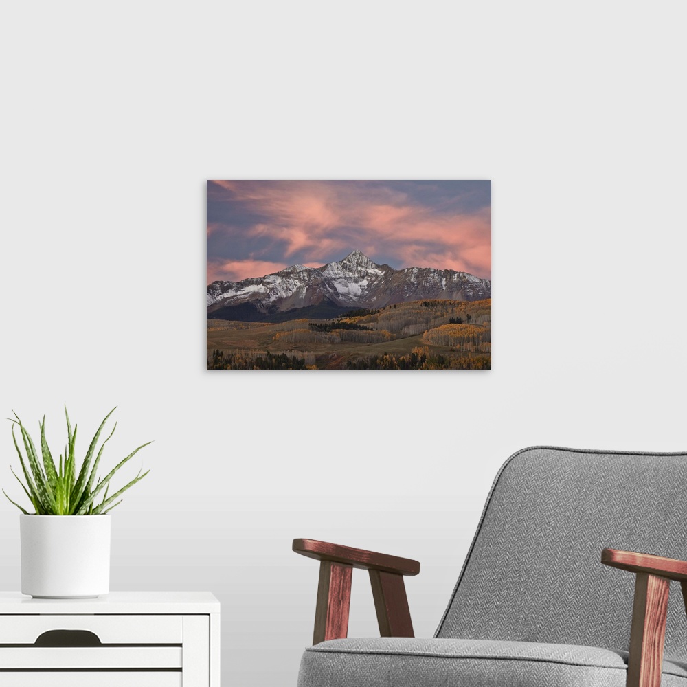 A modern room featuring Wilson Peak at dawn in the fall, Uncompahgre National Forest, Colorado, USA