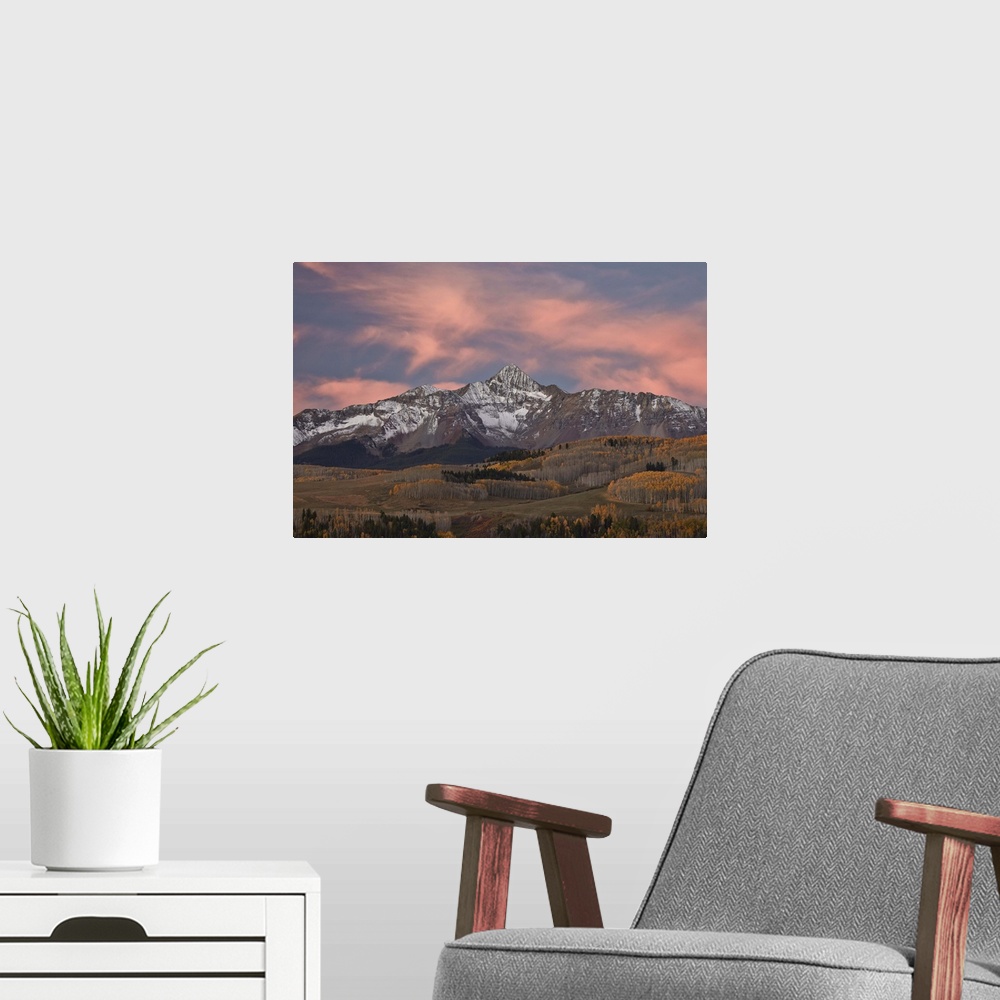 A modern room featuring Wilson Peak at dawn in the fall, Uncompahgre National Forest, Colorado, USA