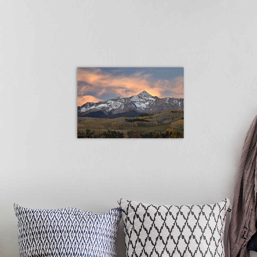 A bohemian room featuring Wilson Peak at dawn with a dusting of snow in the fall, Uncompahgre National Forest, Colorado, Un...