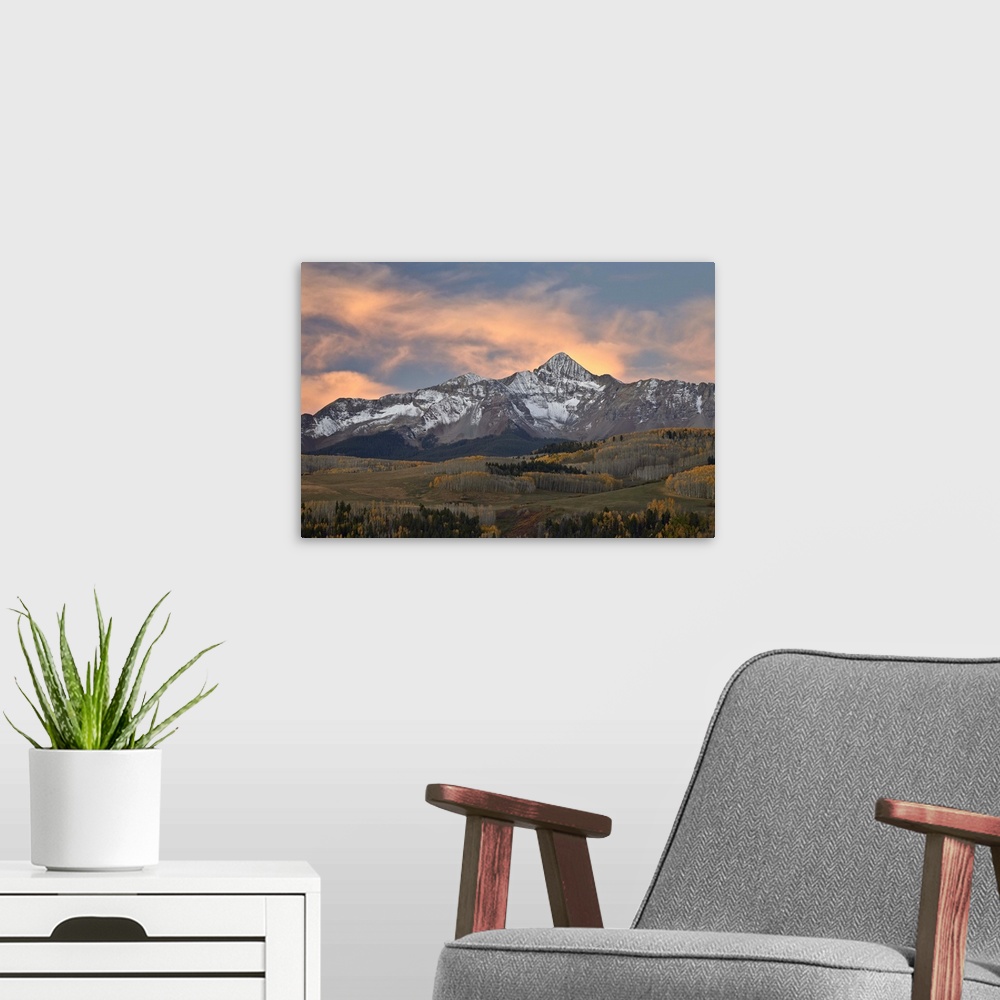 A modern room featuring Wilson Peak at dawn with a dusting of snow in the fall, Uncompahgre National Forest, Colorado, Un...
