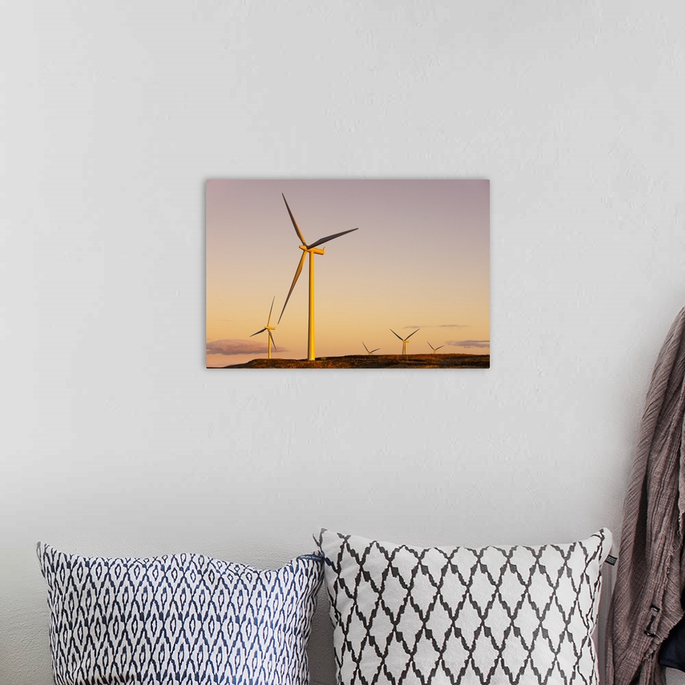 A bohemian room featuring Wind turbines at sunset, Whitelee Wind Farm, East Renfrewshire, Scotland, United Kingdom, Europe