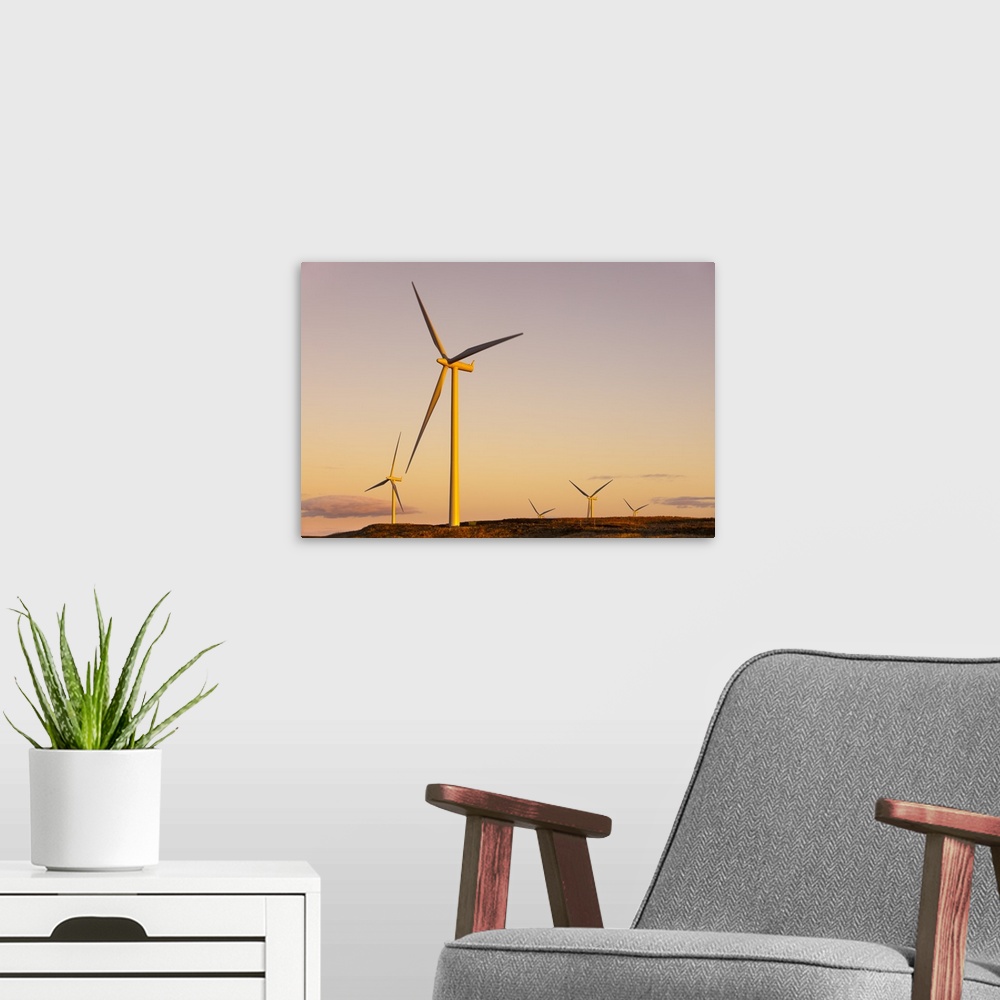 A modern room featuring Wind turbines at sunset, Whitelee Wind Farm, East Renfrewshire, Scotland, United Kingdom, Europe