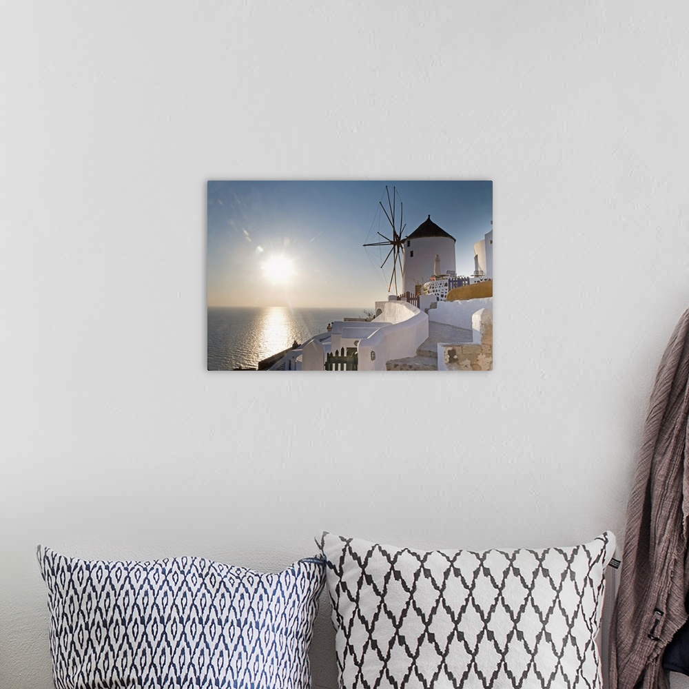 A bohemian room featuring Windmill, Oia, Santorini (Thira), Cyclades Islands, Greek Islands, Greece, Europe