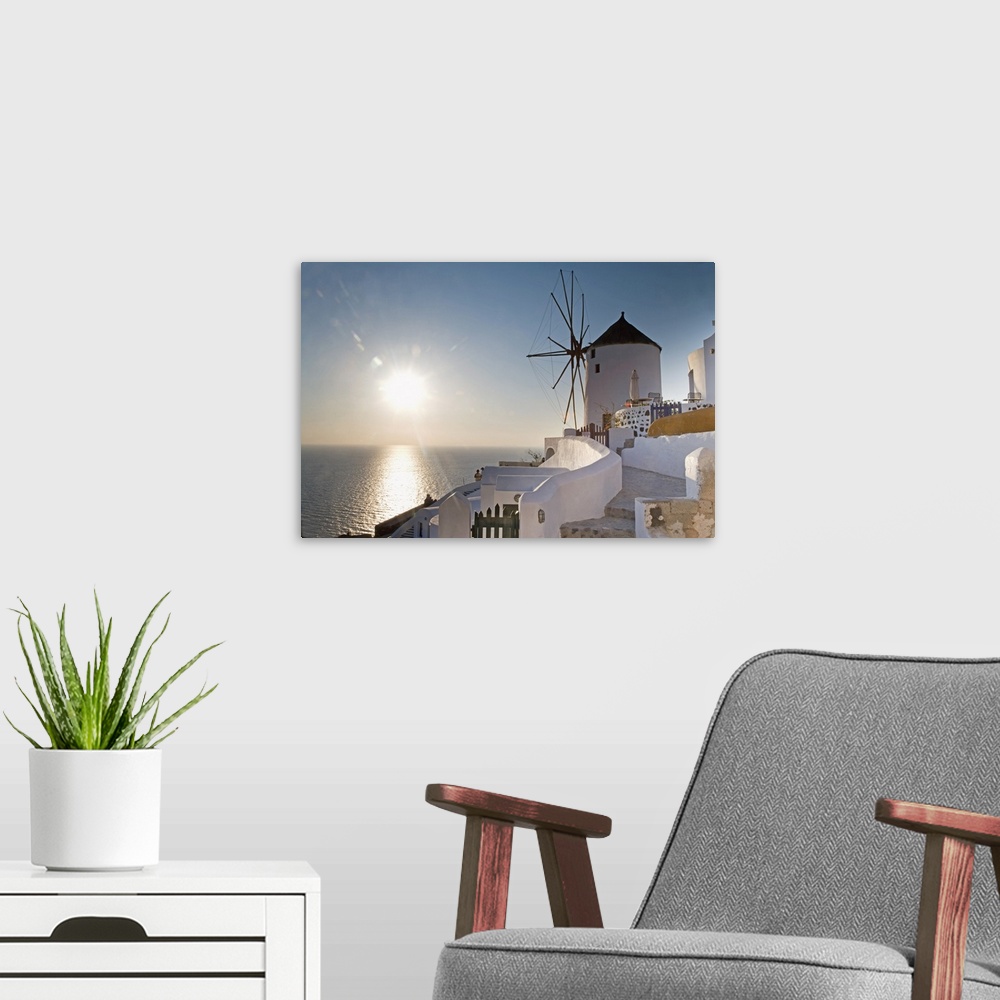 A modern room featuring Windmill, Oia, Santorini (Thira), Cyclades Islands, Greek Islands, Greece, Europe