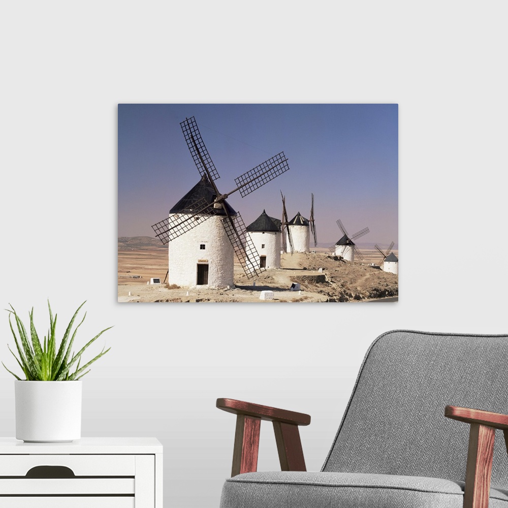 A modern room featuring Windmills above the village, Consuegra, Castilla La Mancha, Spain