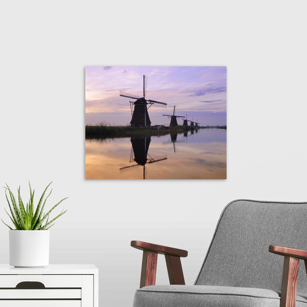 A modern room featuring Windmills along the canal, Kinderdijk, Netherlands