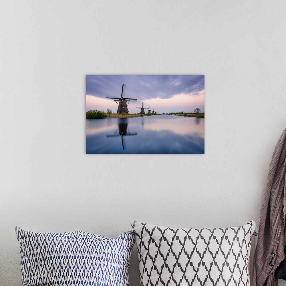 A bohemian room featuring Windmills and reflections, Kinderdijk, UNESCO World Heritage Site, The Netherlands, Europe
