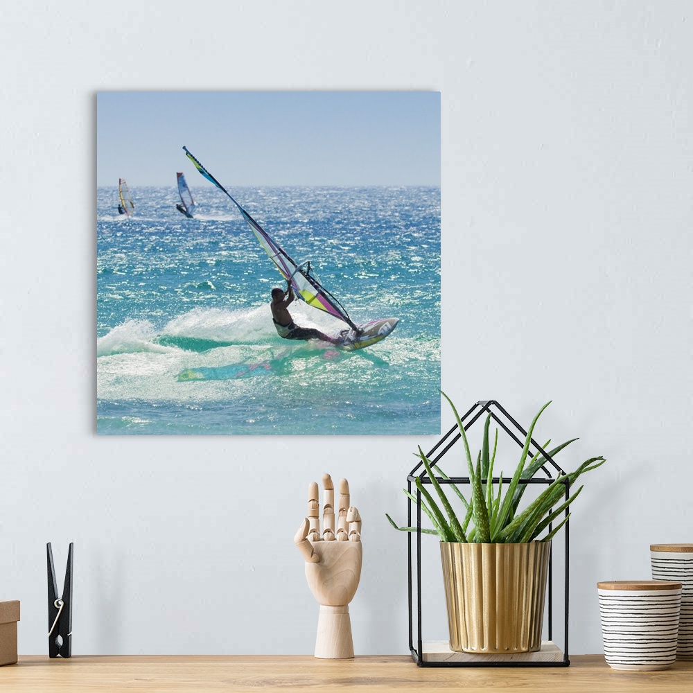 A bohemian room featuring Windsurfer riding wave, Bonlonia, near Tarifa, Costa Del Luz, Andalucia, Spain