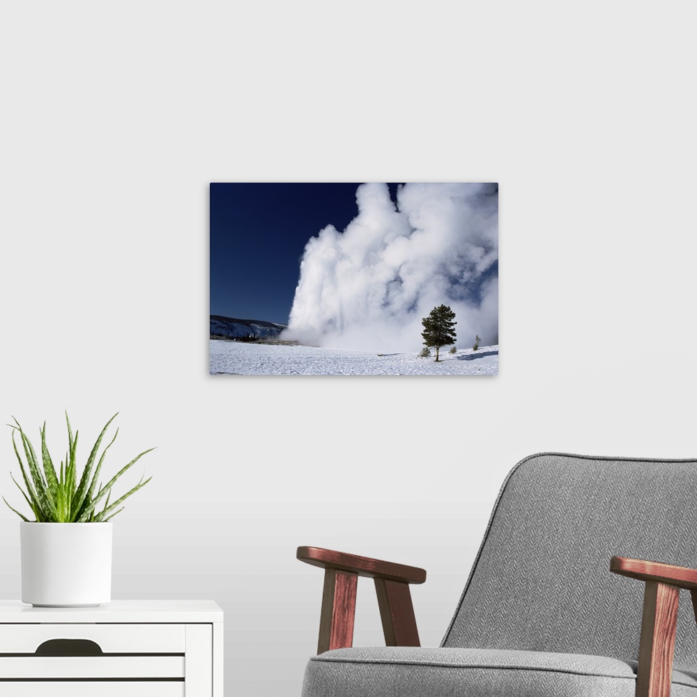 A modern room featuring Winter eruption, Old Faithful geyser, Yellowstone National Park, Wyoming, USA