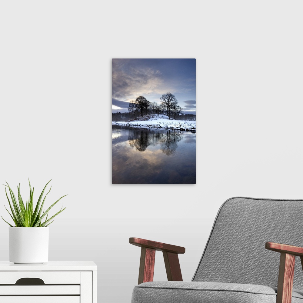 A modern room featuring Winter view of River Brathay at dawn, Ambleside, Cumbria, England