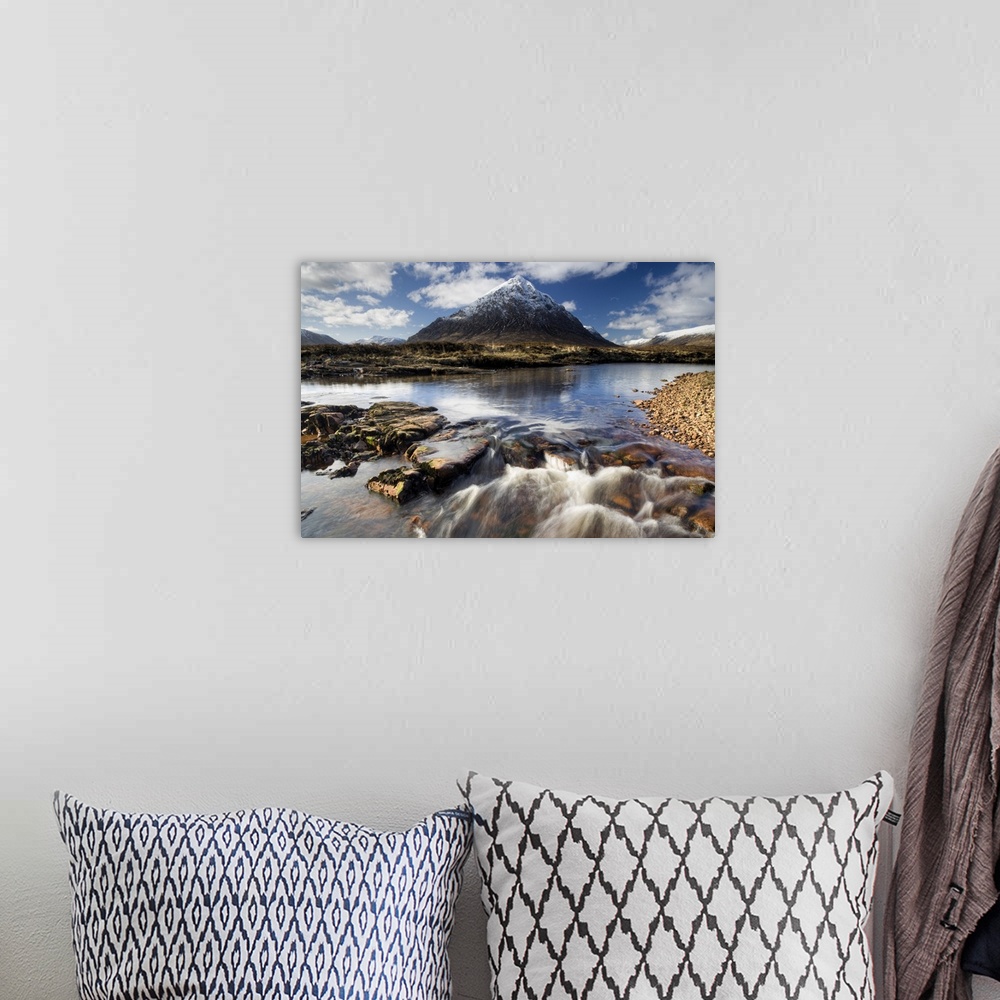 A bohemian room featuring Winter view over River Etive towards snow-capped mountains, Rannoch Moor, Scotland
