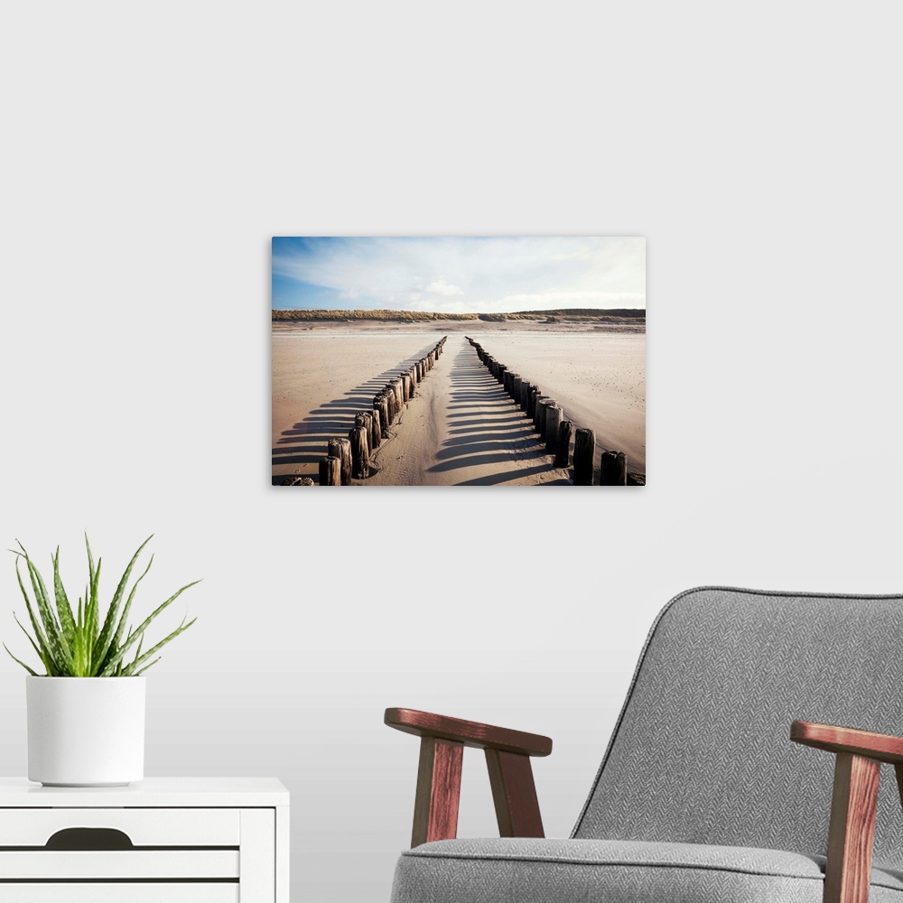 A modern room featuring Wooden groynes on a sandy beach, leading to sand dunes, Zeeland, The Netherlands