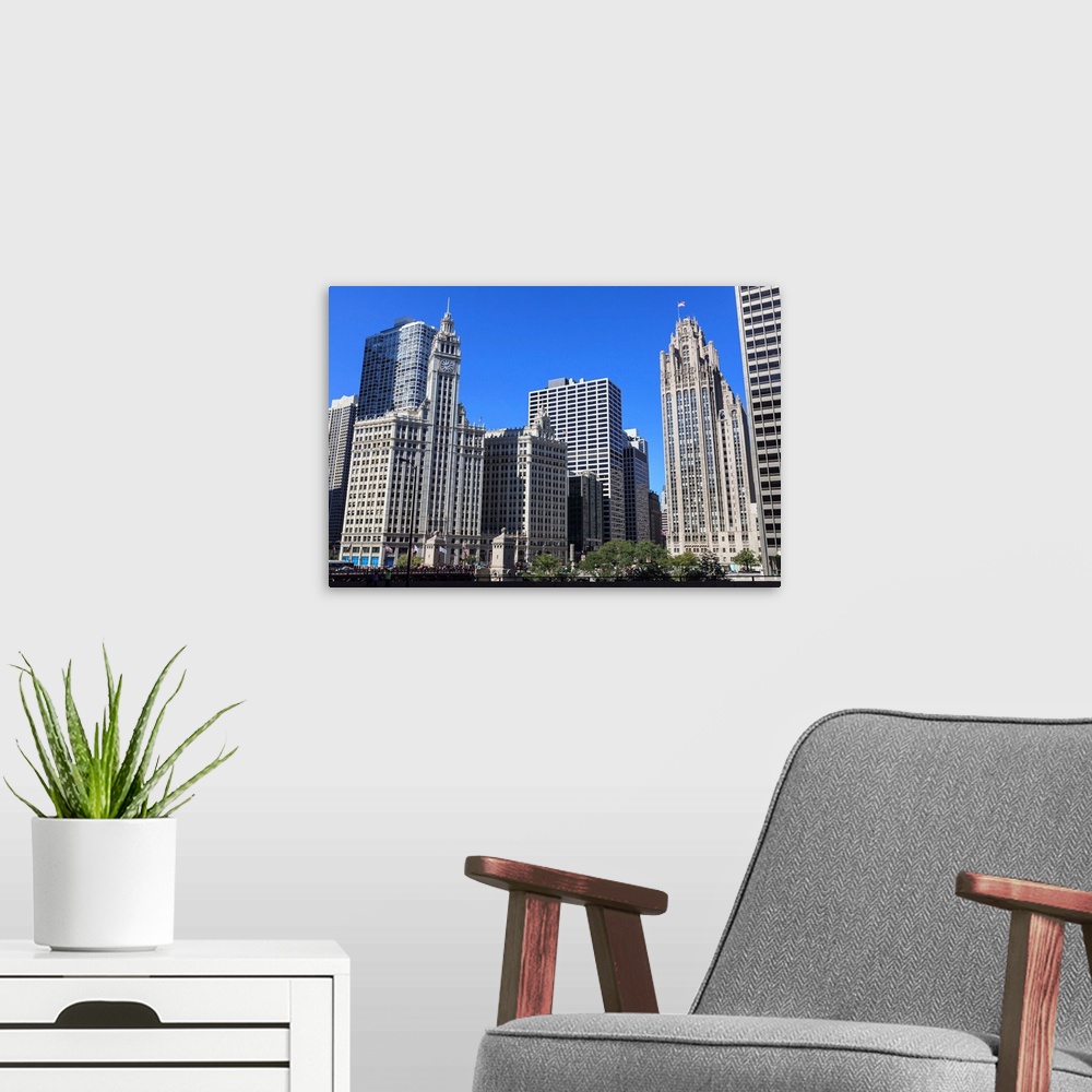 A modern room featuring Wrigley Building and Tribune Tower, Chicago, Illinois, USA