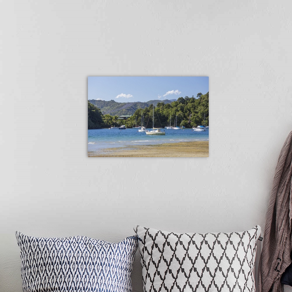 A bohemian room featuring Yachts moored in the sheltered harbour, Ngakuta Bay, near Picton, Marlborough, South Island, New ...