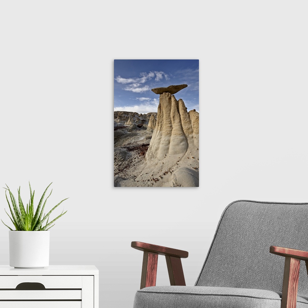 A modern room featuring Yellow hoodoos under clouds, San Juan Basin, New Mexico