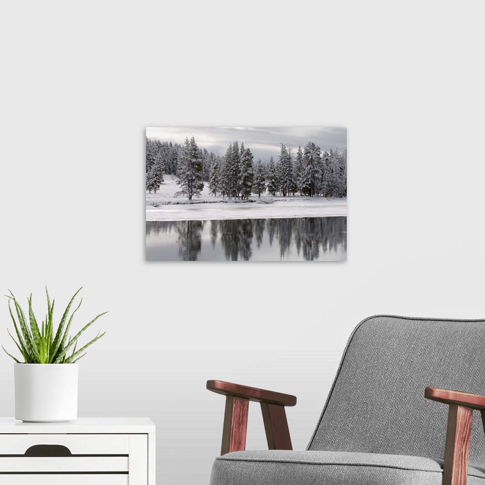 A modern room featuring Yellowstone River in winter, Yellowstone National Park, Wyoming